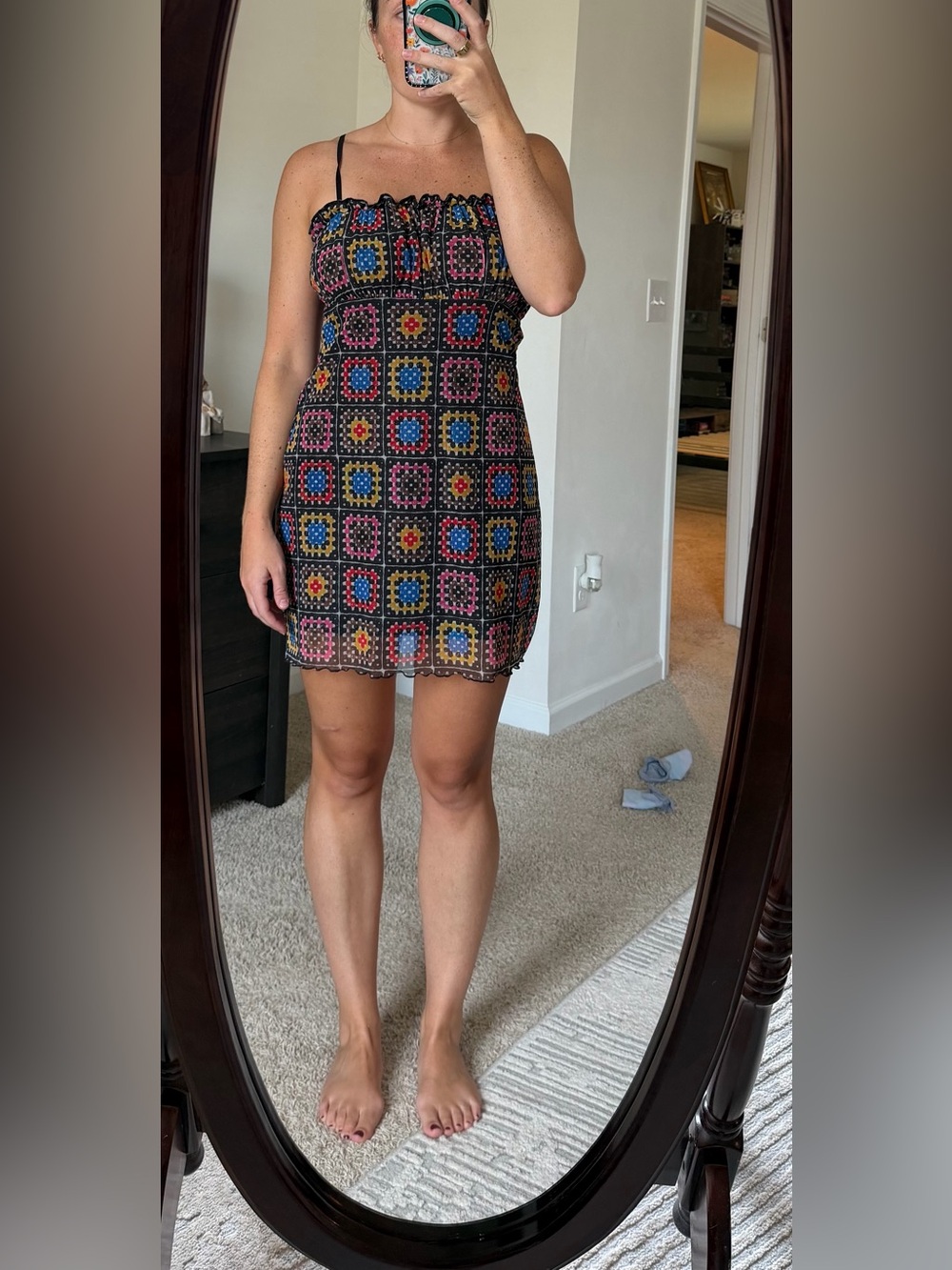 Black Crochet Mini Dress with Multicolor Square Pattern